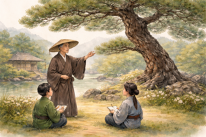 Bashō na educação: ilustração em estilo aquarela mostra uma representação do poeta japonês Matsuo Bashō ensinando dois alunos sob um pinheiro em jardim tradicional, representando a aprendizagem pela observação e o uso do haicai na escola.