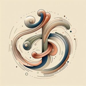 Forma abstrata em estilo caligráfico, com linhas curvas e cores suaves, sugerindo movimento, equilíbrio e composição, associada ao gesto curatorial.