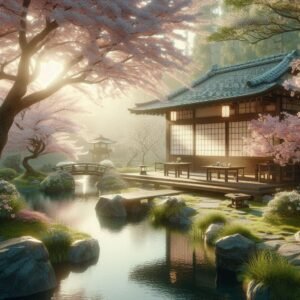 Jardim japonês com casa tradicional, lago, pedras e cerejeiras em flor, evocando contemplação, natureza e a atmosfera do haicai