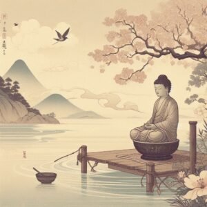 Figura em estilo tradicional japonês mostrando uma pessoa sentada em contemplação à beira da água, com paisagem natural ao fundo, evocando silêncio, observação e vivência interior.