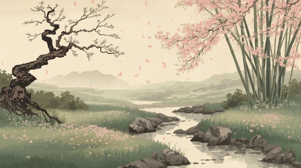 Paisagem inspirada na estética clássica japonesa, representando o que é haicai.