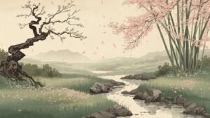 Paisagem inspirada na estética clássica japonesa, representando o que é haicai.