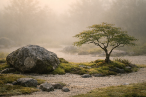 Jardim minimalista com árvore e pedra ao amanhecer, evocando a tradição do haicai ligada a Masuda Goga no Brasil.
