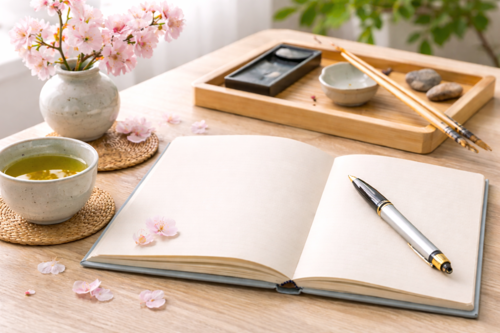 Caderno aberto com caneta e flores de cerejeira sobre mesa de madeira, representando a vivência em haicai como prática de escrita e atenção ao cotidiano.