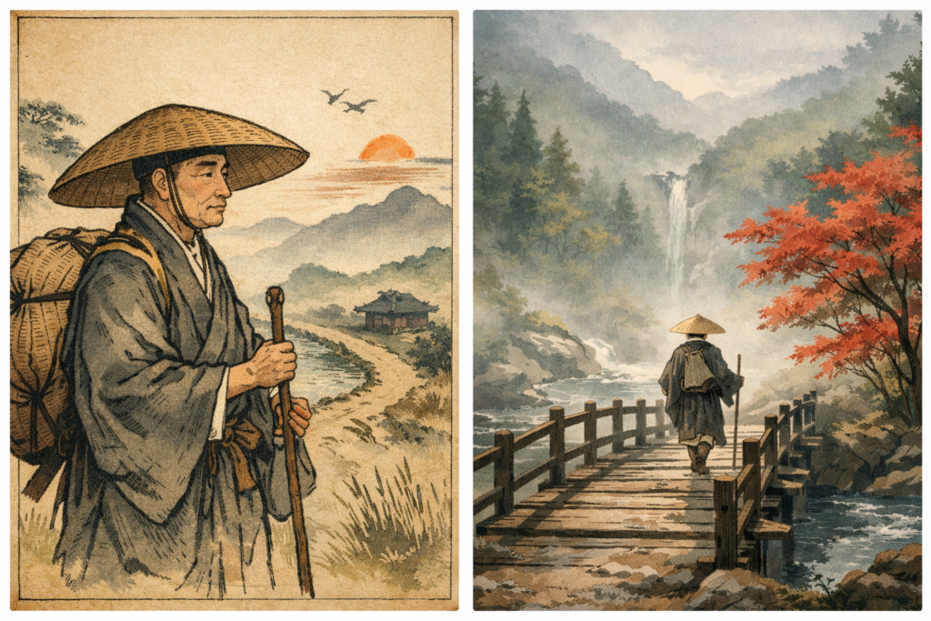Ilustração representando Matsuo Basho como monge viajante no Japão tradicional, em paisagem natural com montanhas e rio.