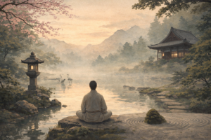 Ilustração contemplativa em estilo japonês com jardim zen, lago sereno, templo tradicional e figura em meditação ao amanhecer, representando o haicai na educação e a formação do olhar atento.