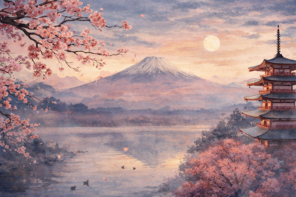 Ilustração de paisagem japonesa com flores de cerejeira e Monte Fuji representando o kigo no haicai e a relação com as estações